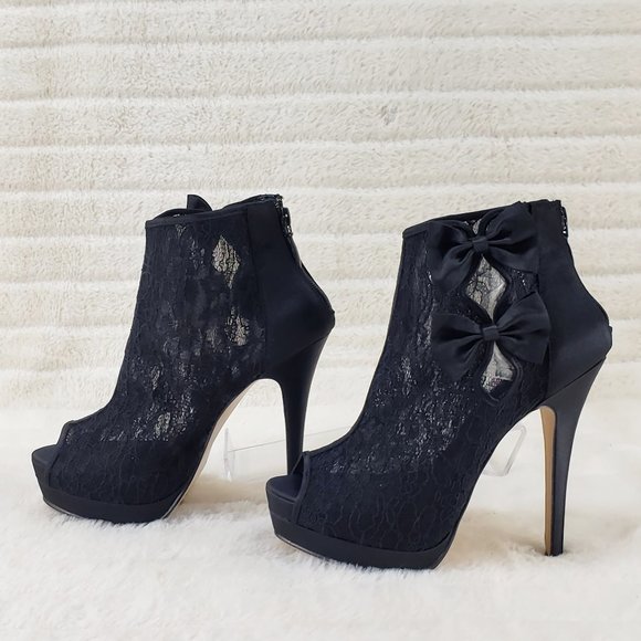 Black Satin & Lace High Heel Platform Ankle Boots With Bows - Picture 1 of 8